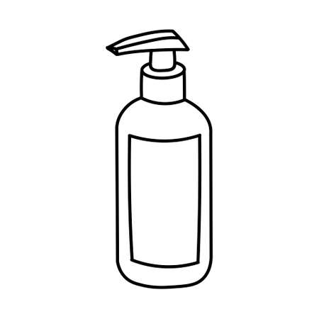 Cosmetic bottle. Black simple line soap dispenser. Sanitizer line art. Hand drawn icon. Vector illustration in doodle style isolated on white background. Virus and bacteria prevention.のイラスト素材