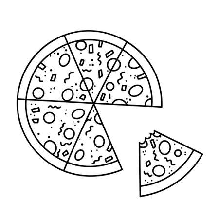 pizza icon. Vector illustration in doodle style isolated on white background. A traditional sign of Italian cuisine. Pizza fast food logo icon. Design for pizzeria, cafe, restaurant, menuのイラスト素材
