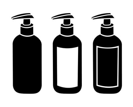 Set cosmetic bottle icon. Collection black simple soap dispenser. Sanitizer logo. Vector illustration isolated on white background. Virus and bacteria prevention sign.のイラスト素材