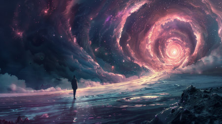 Overcoming the end of all things. Deep Thoughts. End of the world. A man looks at a cosmic vortex.