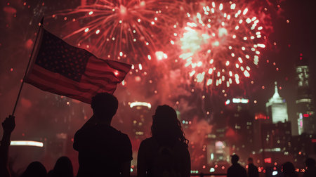 People holding USA flag, city fireworks backdrop, July 4 - USA Independence Day.
