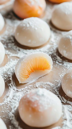 Close-Up photo of mochi dessert with peach on a plate. Various colors. Mochi, a traditional Japanese...