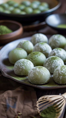 Close-Up photo of mochi dessert with matcha on a plate. Various colors. Mochi, a traditional Japanese sweet consisting of small round rice cakes filled with sweet fillings.の写真素材