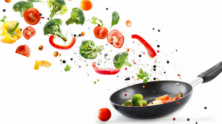Vegetables flying out of pan on white background, cooking concept, healthy eating.の写真素材