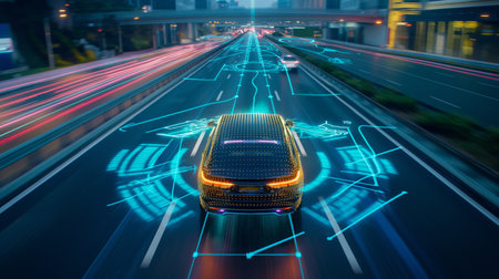 Autonomous vehicle, moving through traffic, sensors the vehicle, energy waves, futuristic.の写真素材