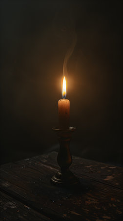 Burning candle on dark background. Day of Remembrance. Witchcraft. Black magic ritual.の写真素材