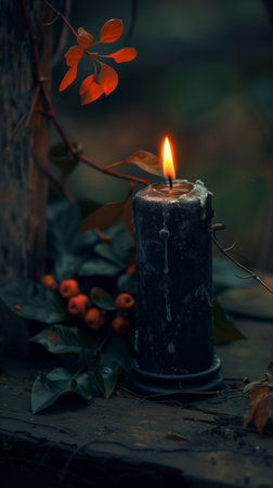 Burning candle on dark background. Day of Remembrance. Witchcraft. Black magic ritual.の写真素材