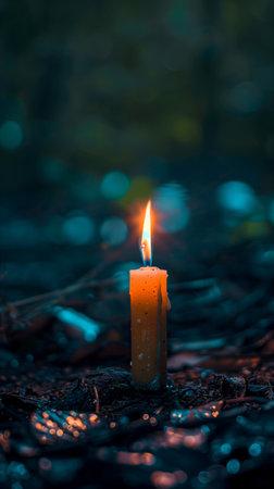 Burning candle on dark background. Day of Remembrance. Witchcraft. Black magic ritual.の写真素材