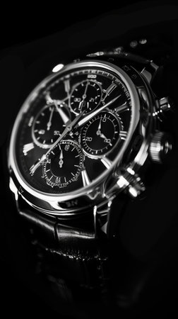 A close-up shot of an exquisite wristwatch,with a sleek and modern design,against a black background,in black and silver tones,conveying a high-end feel,luxurious,with rich detailsの写真素材