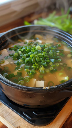 Steaming bowl of miso soup with finely chopped green onions. Asian cuisine. Menu, magazine, cookbook...