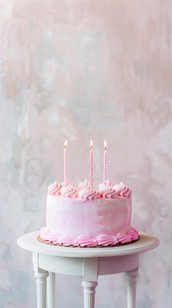Minimalist pink celebration cake with candles on white table. Pastel tones. Close-up.の写真素材