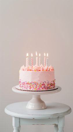 Minimalist pink celebration cake with candles on white table. Pastel tones. Close-up.の写真素材