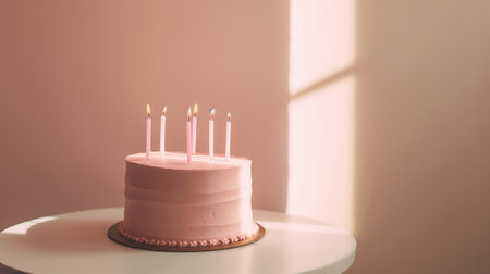 Minimalist pink celebration cake with candles on white table. Pastel tones. Close-up.の写真素材