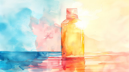 Sunscreen bottle with sun illustration. Skincare product. Hand-drawn watercolor artwork. Sun protection.の写真素材