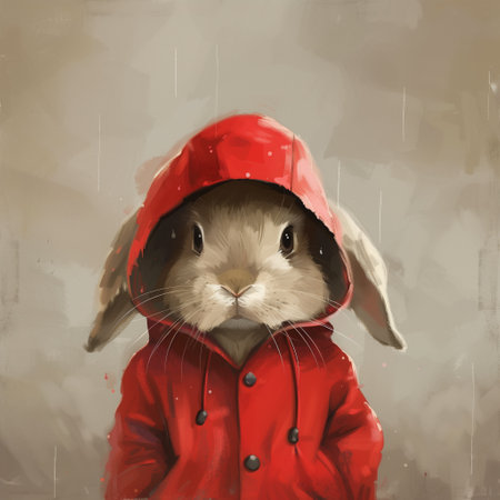 A small rabbit wearing a red raincoat. Protecting from rain outside.の写真素材