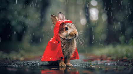 A small rabbit wearing a red raincoat. Protecting from rain outside. Photo for postcard, calendarの写真素材