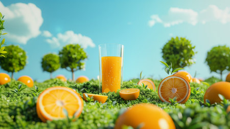 Orange juice glass on grass, with oranges around, against blue sky. Advertising poster promoting...
