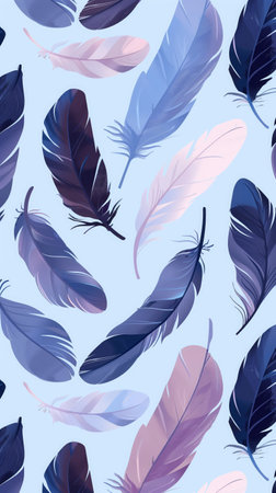 Feathers on sky-blue background. Symbolizing freedom and lightness. Elegant template for advertising, poster, postcard, stationeryの写真素材