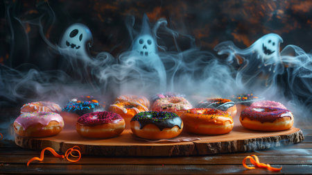 Heavily decorated collection of donuts, halloween theme, witches, ghosts, spooky, mist. Dramatic lighting, dark background Halloween donutsの写真素材
