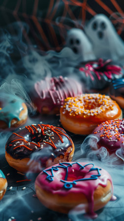 Heavily decorated collection of donuts, halloween theme, witches, ghosts, spooky, mist. Dramatic lighting, dark background Halloween donutsの写真素材