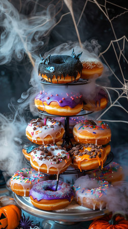 Heavily decorated collection of donuts, halloween theme, witches, ghosts, spooky, mist. Dramatic lighting, dark background Halloween donutsの写真素材