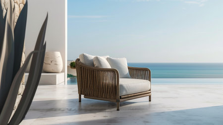 Boho-style chair for backyard relaxation by the pool. Wooden furniture, beige linen armchair. Home...