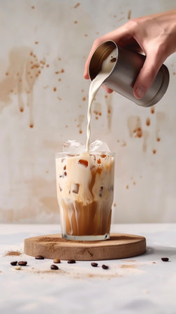A hand pouring milk into coffee. Iced latte coffee concept. Pouring milk in coffee with ice cubes on light background.の写真素材