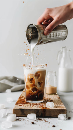 A hand pouring milk into coffee. Iced latte coffee concept. Pouring milk in coffee with ice cubes on...