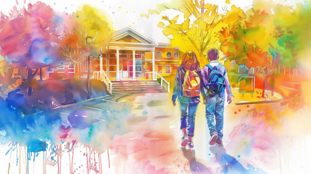 A child holding the hand of a mother, walking towards a school building. Bright colors, educational poster design, Back to School theme. Watercolor illustration of a joyful scene.の写真素材