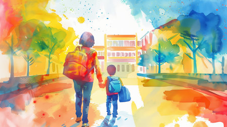A child holding the hand of a mother, walking towards a school building. Bright colors, educational poster design, Back to School theme. Watercolor illustration of a joyful scene.の写真素材