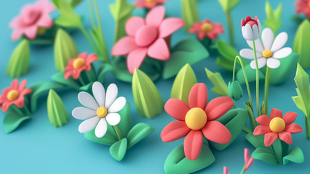 Vibrant illustration with 3D flowers and plant elements. Summer garden in full bloom: decorative...