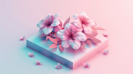 Vibrant illustration with 3D flowers and plant elements. Summer garden in full bloom: decorative flowers, petals, leaves. Nature illustration in 3D style.の写真素材