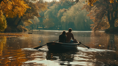 A man and a woman rowing a boat on a lake, a very romantic situation. Love concept, couple...