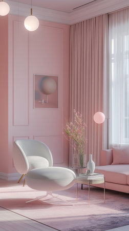 Living room with pastel tones, soft lighting. Interior of a pink living room. 3D rendering of...