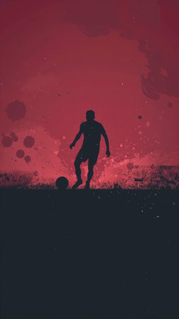 Bright red illustration. A soccer player and football in a vibrant, flat art-style poster. a soccer player running with the ball in tournamentの写真素材