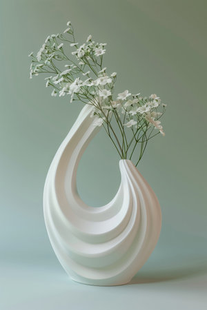 An elegant white vase with a spiral design, holding delicate wildflowers against a soft teal backdrop, exuding calm and sophistication. Ideal for modern home decorの写真素材