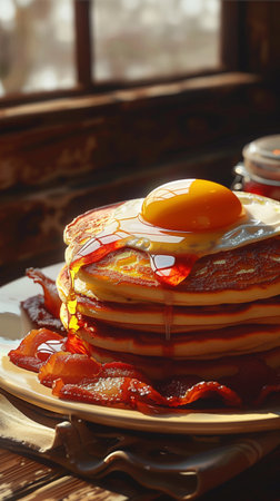 A realistic painting of a stack of pancakes, bacon, eggs. A sumptuous breakfast spread with golden pancakes and egg, drizzled with syrup and accompanied by crispy bacon, perfect for culinary themes.の写真素材