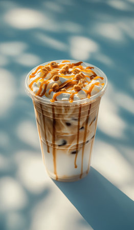 An icy caramel latte with whipped cream and caramel. Advertisement for cold coffee. Plastic cup of...