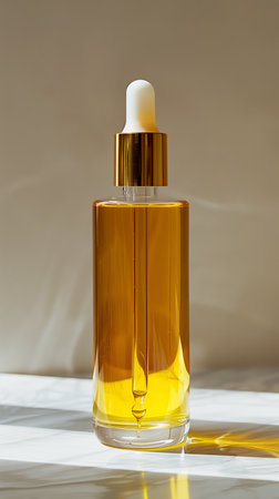 A luxurious cosmetic glass hair oil bottle. Serum in a glass container. Aromatherapy oil, natural...