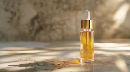 A luxurious cosmetic glass hair oil bottle. Serum in a glass container. Aromatherapy oil, natural cosmetics concept. Banner layout. Advertisement of skincare products, luxurious cosmetics with essence of radiant substance. 3D illustration.の写真素材