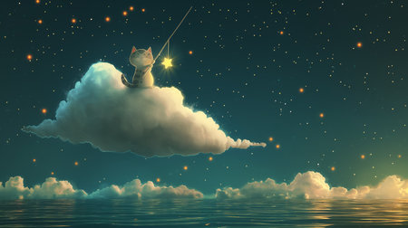 A cute cat sits on a white cloud floating in the sky above the sea. In its paws, it holds a fishing rod. Warm tones. Concept of peaceful sleep. Illustration for children's book. Nighttime background with clouds.の写真素材