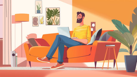Illustration of cozy home office setup with a person on a laptop, indoor plants, and modern decor. Simple illustration of happy man working at home with happy atmosphereの写真素材