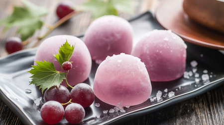Close-up image of pink mochi ice cream on a dark plate surrounded by red grapes and leaves with rustic wooden table background.の写真素材