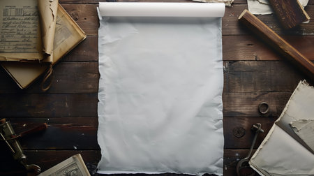 Top view of a workspace with an unrolled blank white paper, surrounded by vintage elements. Maps, rolled papers, and various vintage objects surrounding a blank white paper on a wooden desk.の写真素材