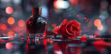 Perfume bottle and a red rose with water droplets on a black glass table. Colorful disco lights. A luxurious perfume bottle with a rose, set against a backdrop of colorful bokeh lights, capturing an essence of elegance and romance.の写真素材