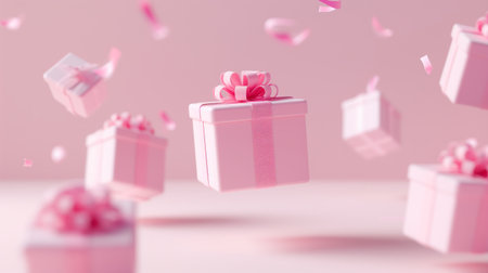 Pink gift boxes floating in the air. Valentine's Day. Christmas and New Year. Holiday design element for birthday, wedding, advertising banner of sale and other life events. Black fridayの写真素材