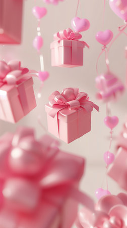 A pink gift boxes and heart-shaped balloons. Valentine's Day. Holiday design element for birthday, wedding.の写真素材