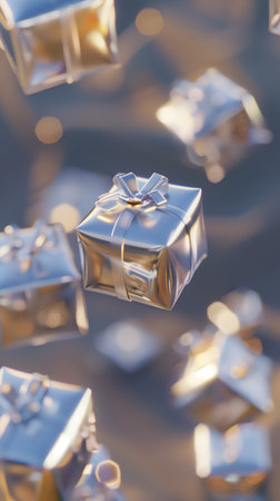 Silver gift boxes floating in the air. Christmas and New Year concept. Holiday design element for...