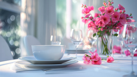 An elegant table setting with a wine glass, pink floral accents, and soft bokeh lights, perfect for...