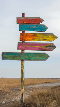 A vibrant multi-colored wooden signpost against a clear blue sky. Pointer with colored wooden...